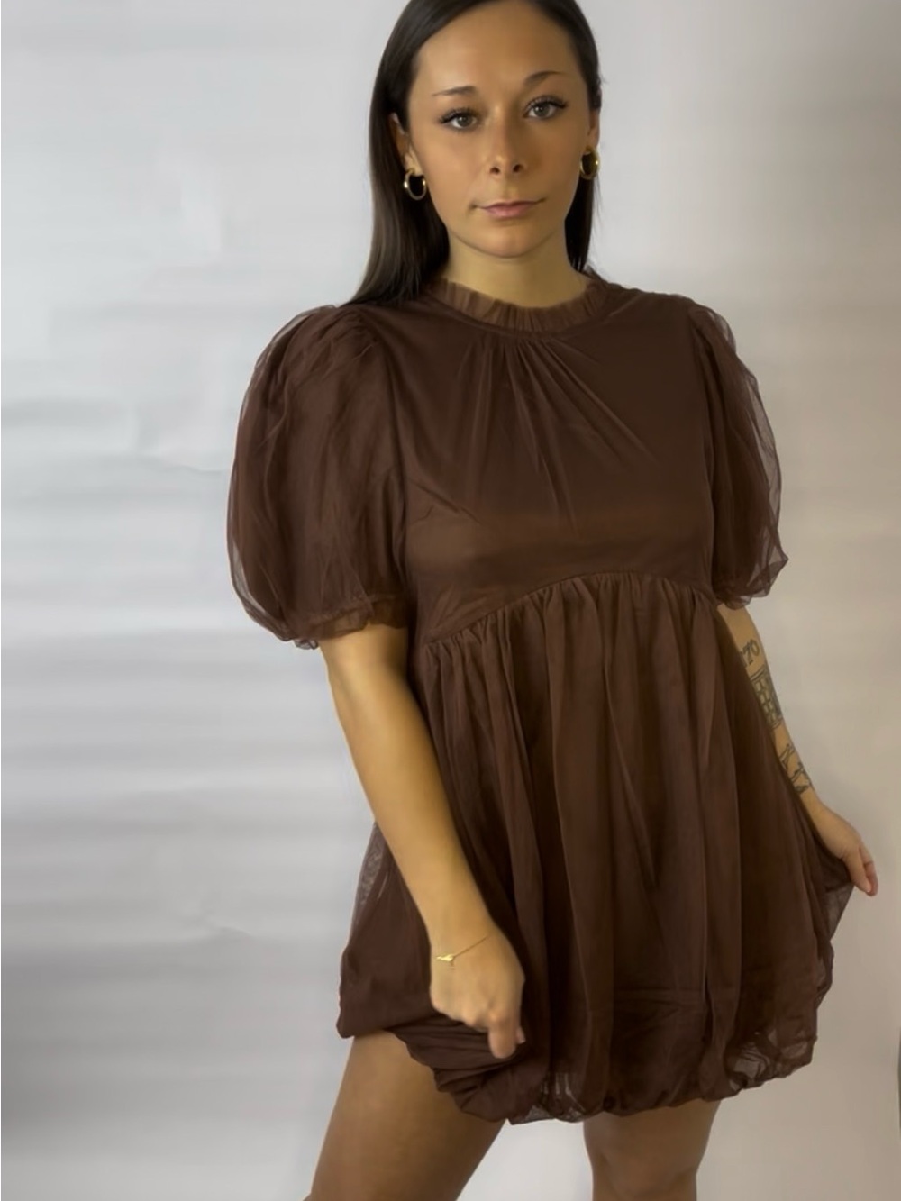 Brown Puff Sleeve Babydoll Dress